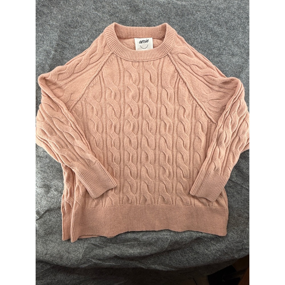 Aerie Cable Knit Sweater Womens Size XL Peach Pink Excellent Raglan Long Sleeve